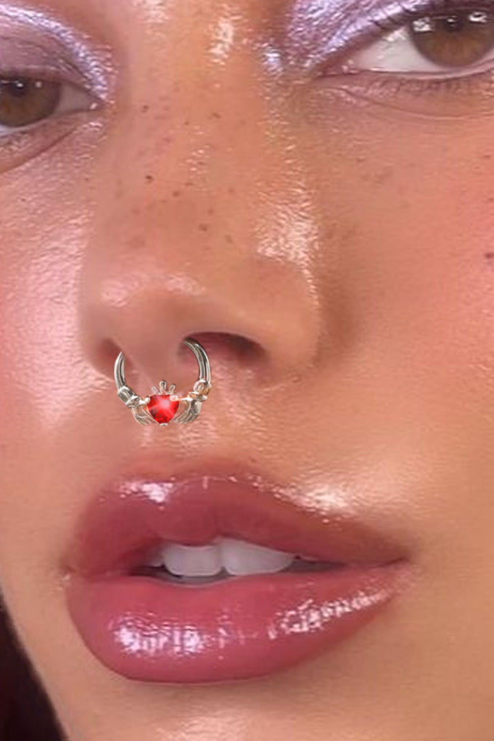 Silver Hand Horseshoe Septum Ring with Red Crystal Heart, Faux Fake Nose Septum Piercing