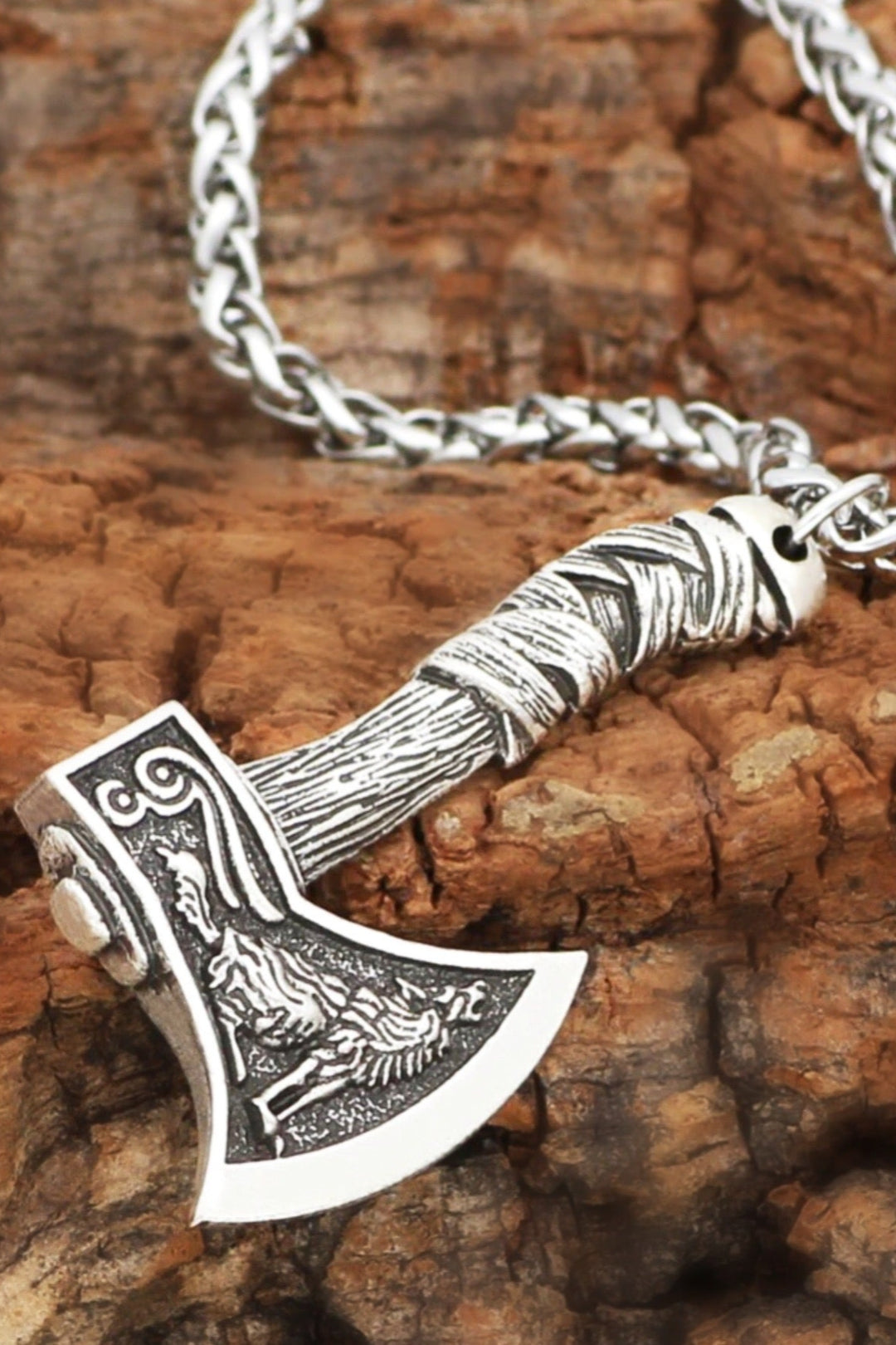 Chunky Viking Axe Pendant Silver Metal Rope Chain Necklace