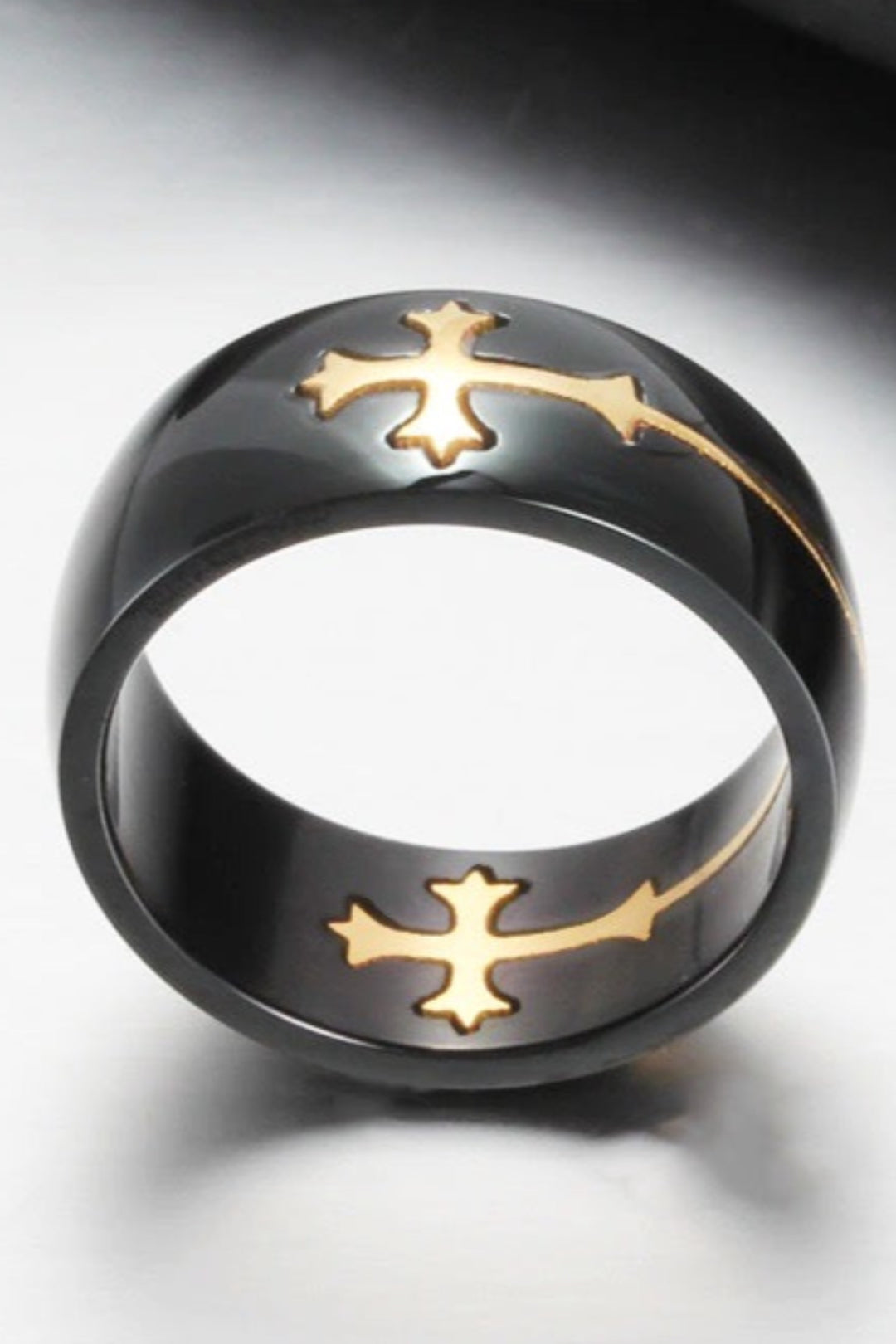 Gold Cross Detailing Black Polished Chunky Ring, Unisex Ring, One Size