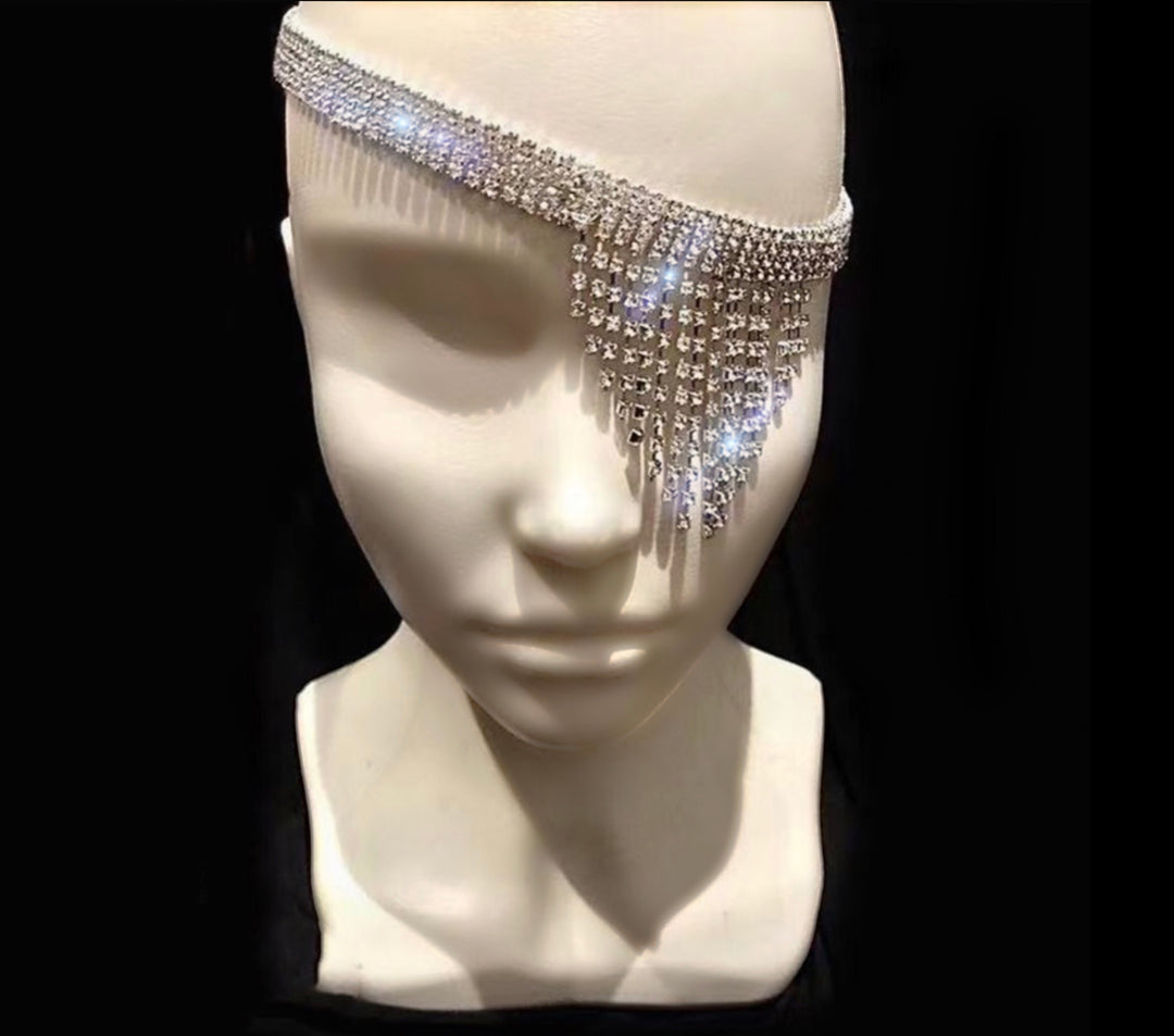 Crystal Rhinestone Embellished Tassel Silver Eye Face Mask