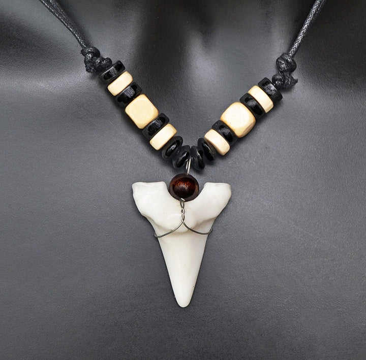 Vegan Leather Faux Tooth Pendant & Beaded Metal Decor Rope Chain Necklace (48 Hour Dispatch)