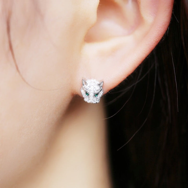 Leopard Head Crystal Rhinestone Embellished Silver Stud Earrings