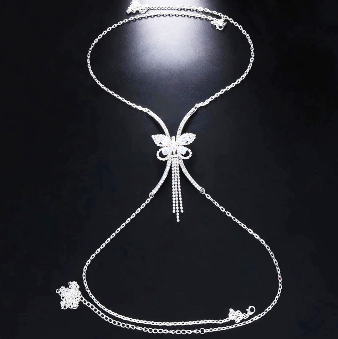 Y2K Butterfly Crystal Rhinestone Silver Body Chain