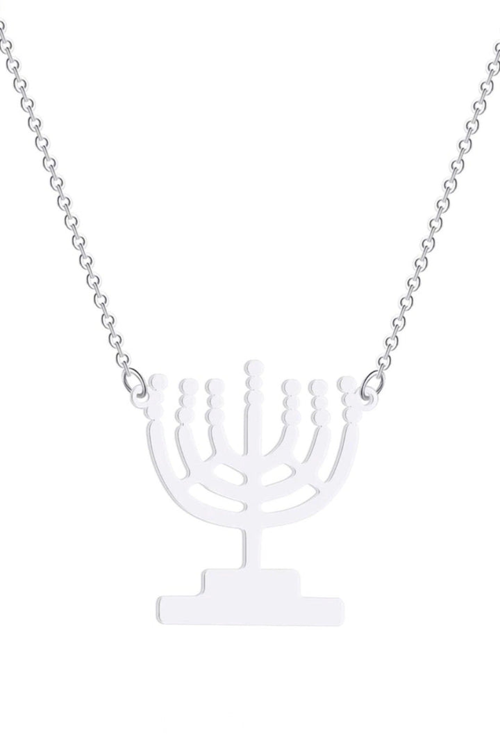 Hanukkah Candle Menorah Lamp Stand Pendant Necklace, Religious Jewish Pendant Necklace