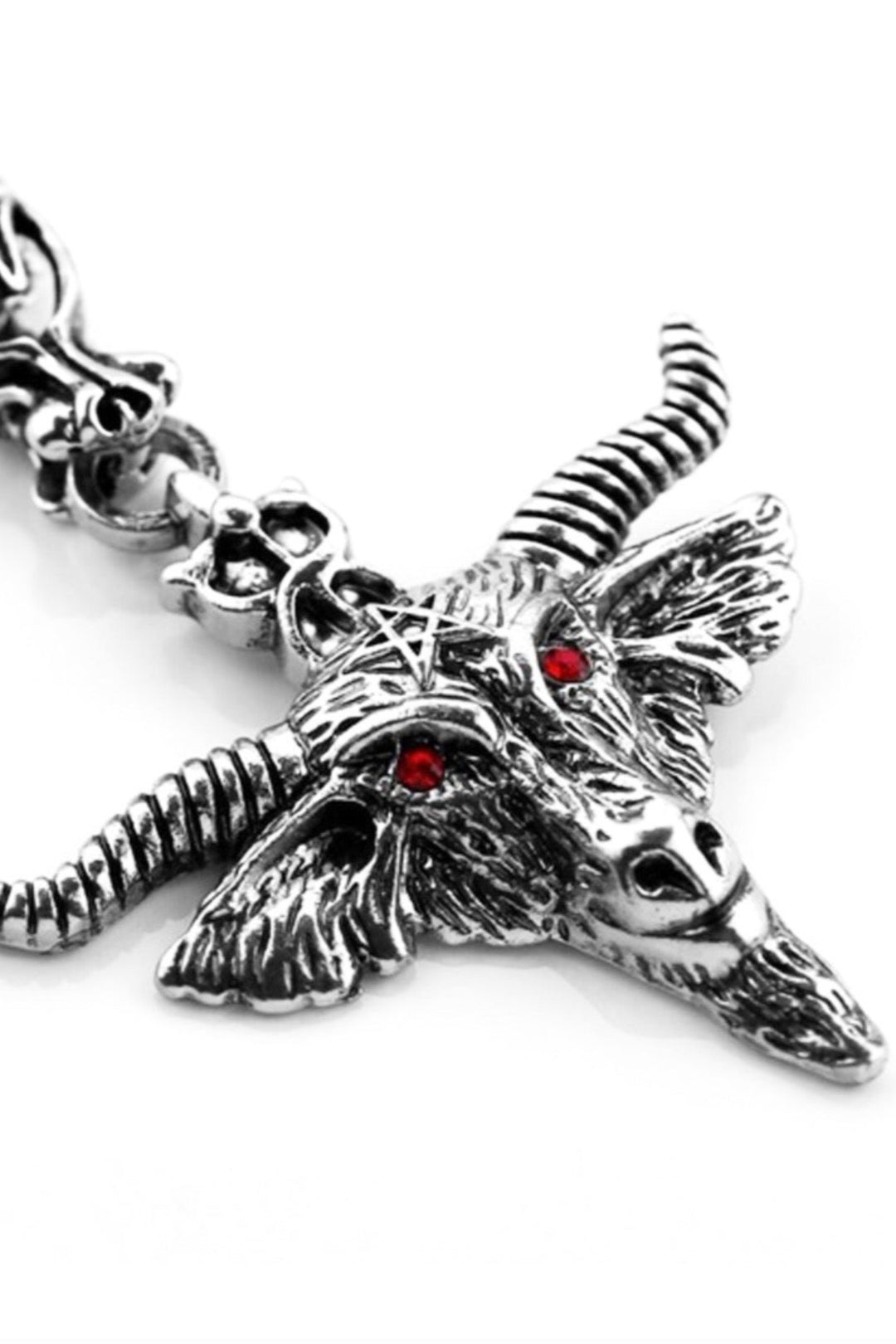 Chunky Silver Antique Capricorn Head Red Rhinestone Detailing Silver Chain Necklace