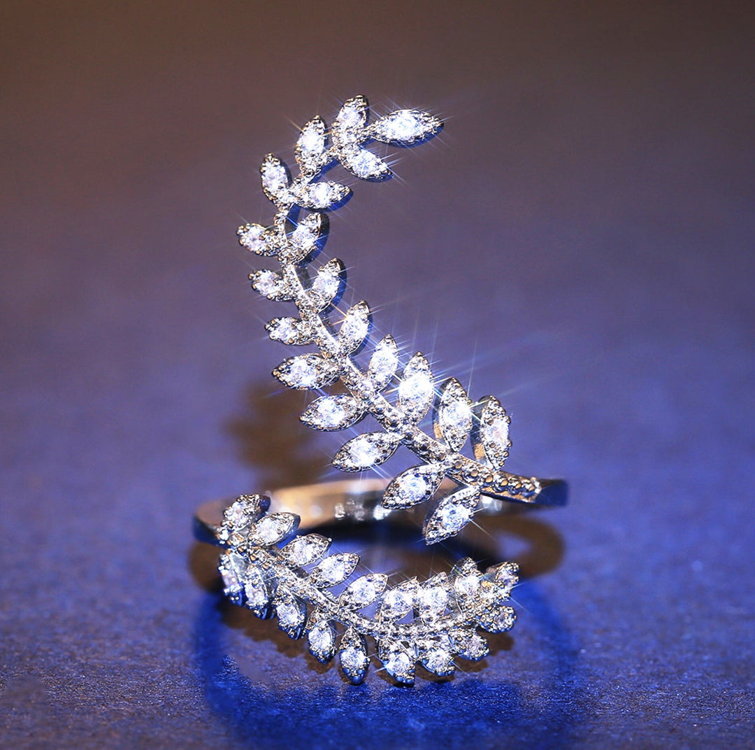 Leaf Decor Crystal Rhinestone Embellished Silver Ring