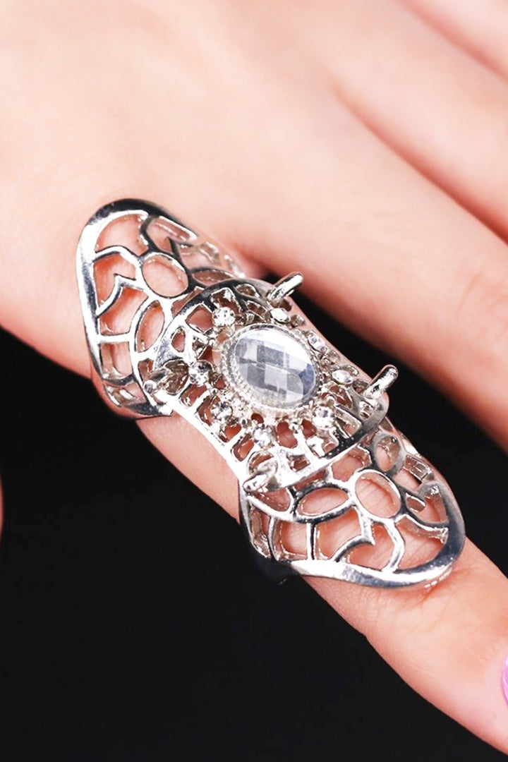 Chunky Silver Intricate Metallic Detailing Crystal Rhinestone Charm Ring