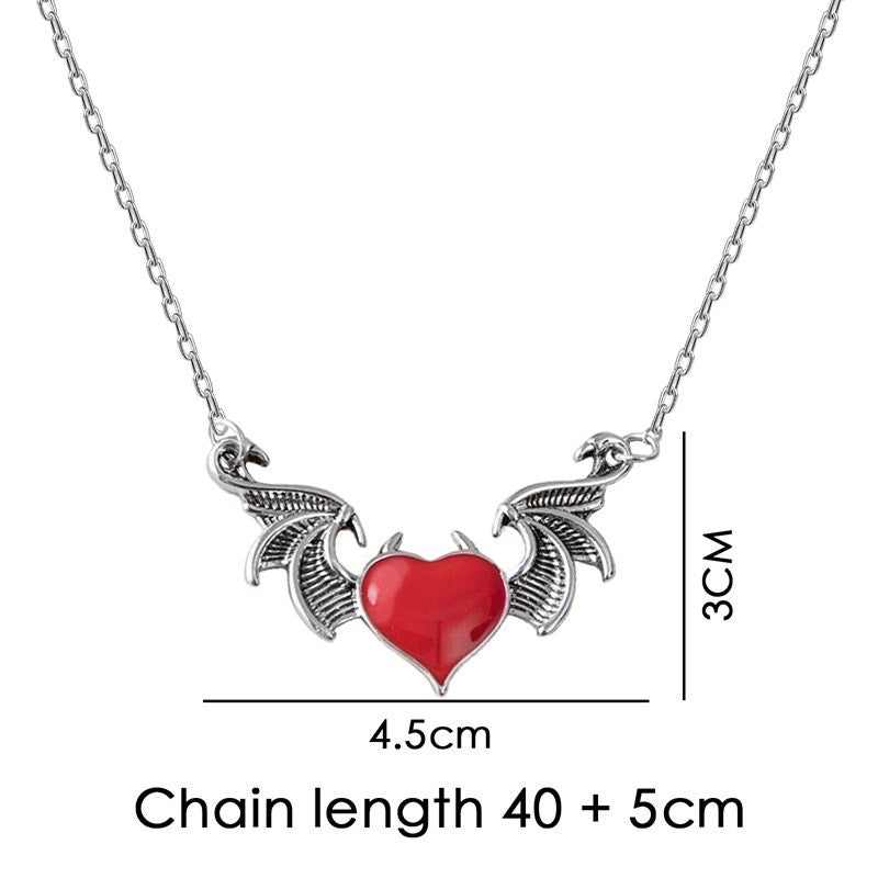 Red Enamel Winged Heart Pendant Silver Charm Necklace