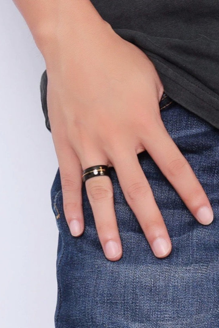 Gold Cross Detailing Black Polished Chunky Ring, Unisex Ring, One Size