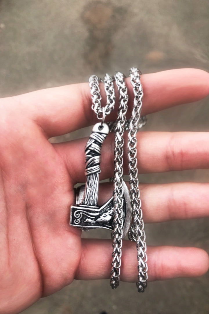 Chunky Viking Axe Pendant Silver Metal Rope Chain Necklace