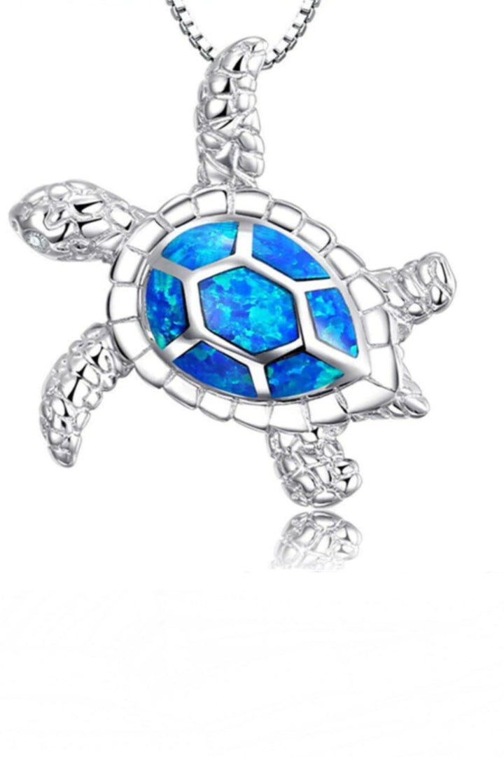 Dainty Blue Crystal Rhinestone Embellished Ocean Turtle Pendant Silver Chain Necklace