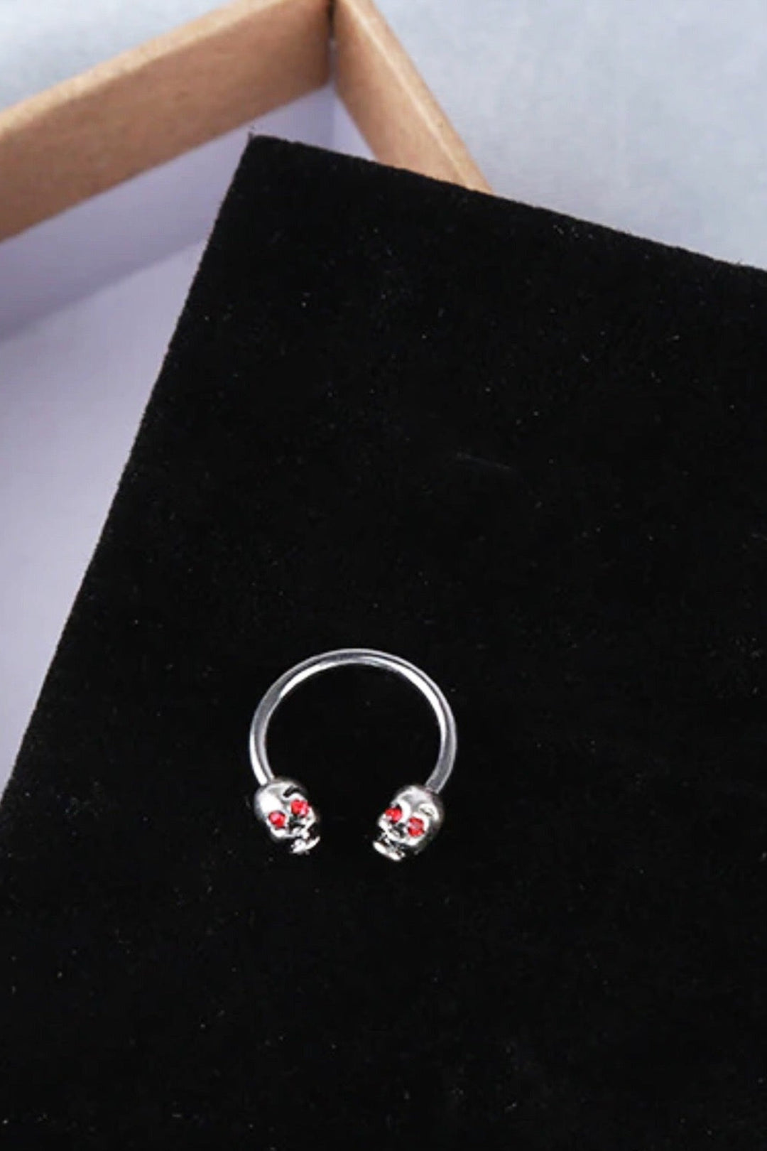 Silver Skull Horseshoe Septum Ring with Red Crystal Eyes, Faux Fake Nose Septum Piercing