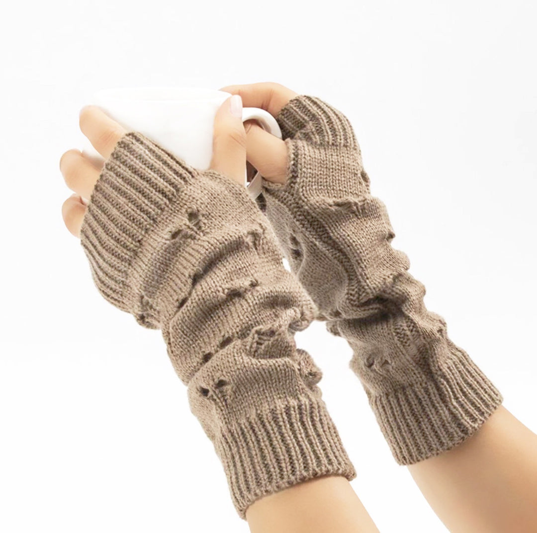 Knitted Arm Warmer Sleeves, Fingerless Thumb Hole Long Sleeves, One size, Y2K Style, Beige