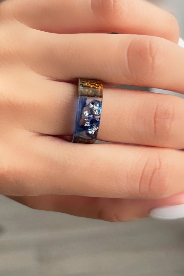 Chunky Blue Resin Silver Flake Foil & Wood Detailing Ring