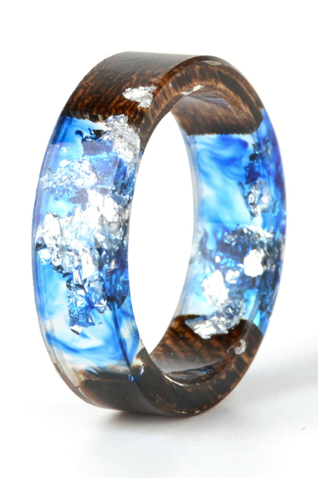 Chunky Blue Resin Silver Flake Foil & Wood Detailing Ring