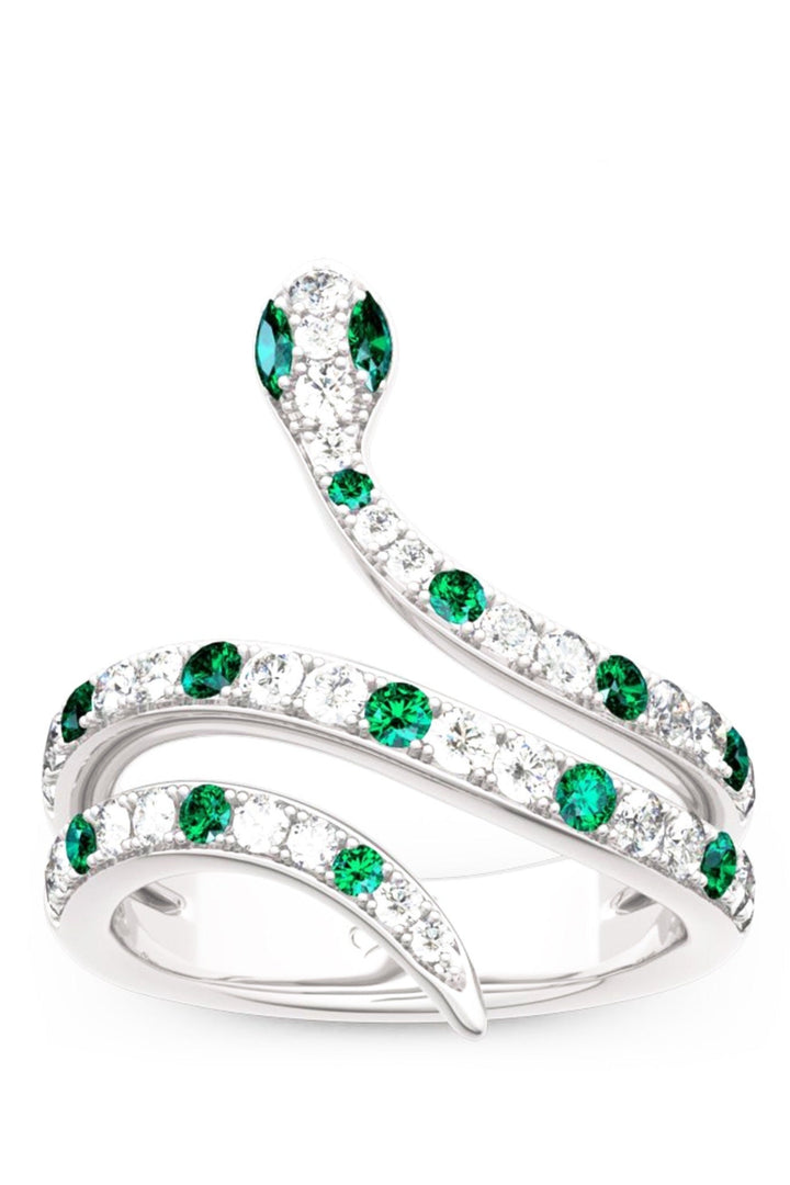 Green Crystal Rhinestone Embellished Snake Serpent Silver Ring