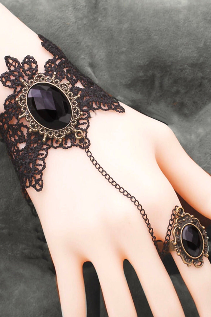 Gothic Chunky Acrylic Crystal Detailing Black Lace Bracelet & Ring