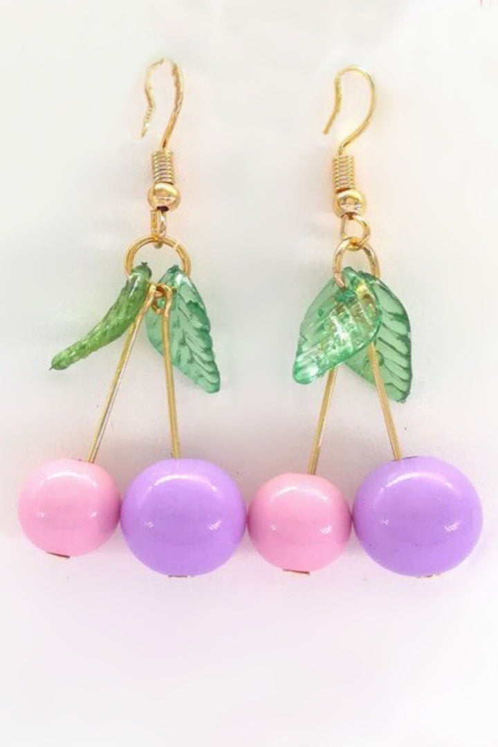 Y2K Lilac Purple Cherry Drop Earrings, Retro Purple Pink Fruit Earrings