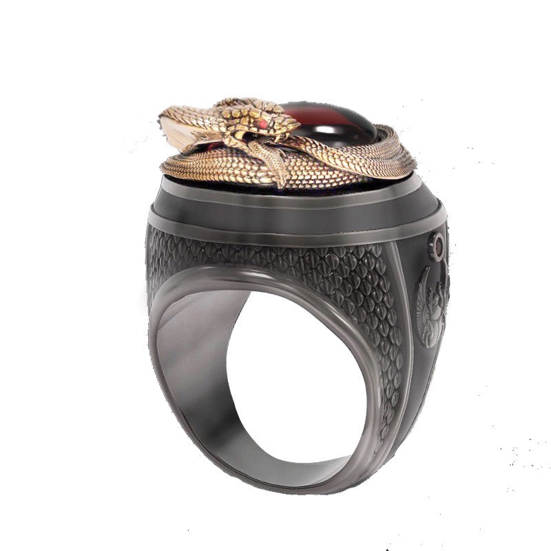 Gothic Black Metallic Red Rhinestone Snake Ring, Chunky Metallic Ring, One Size