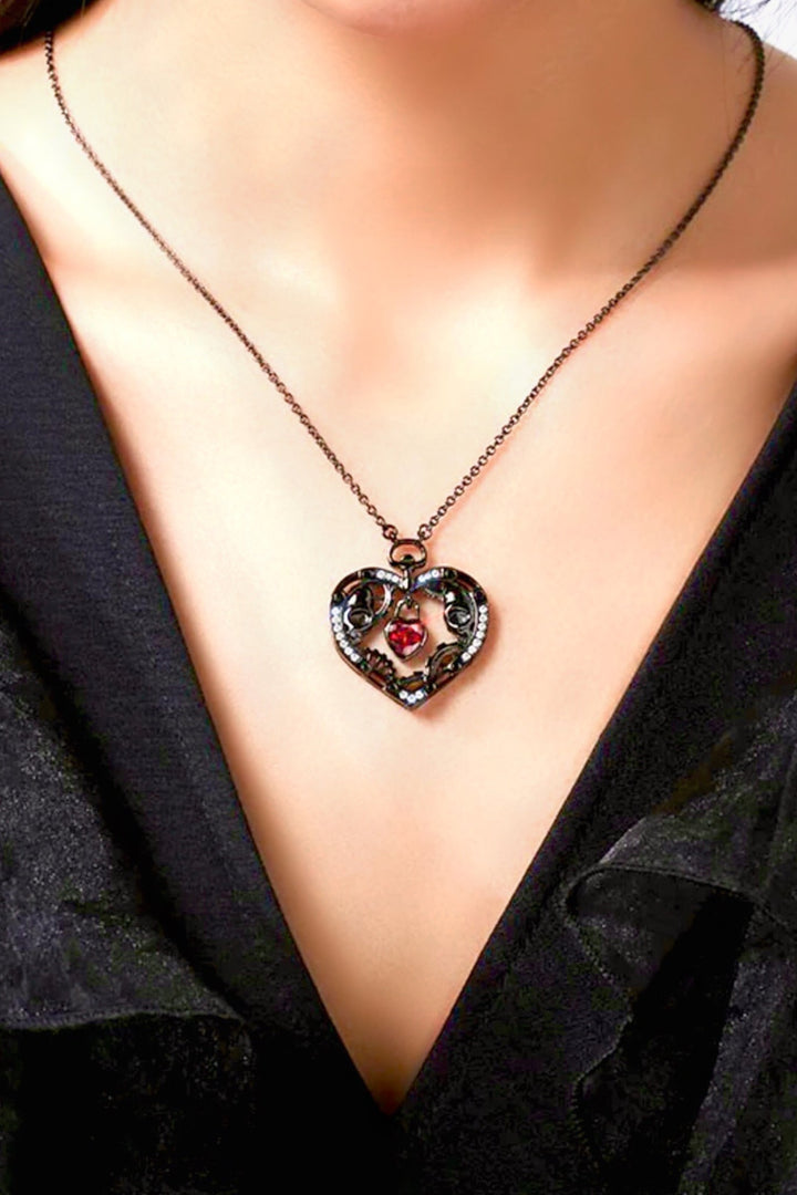 Crystal Rhinestone Embellished Dainty Red Heart Pendant Charm Antique Silver Necklace