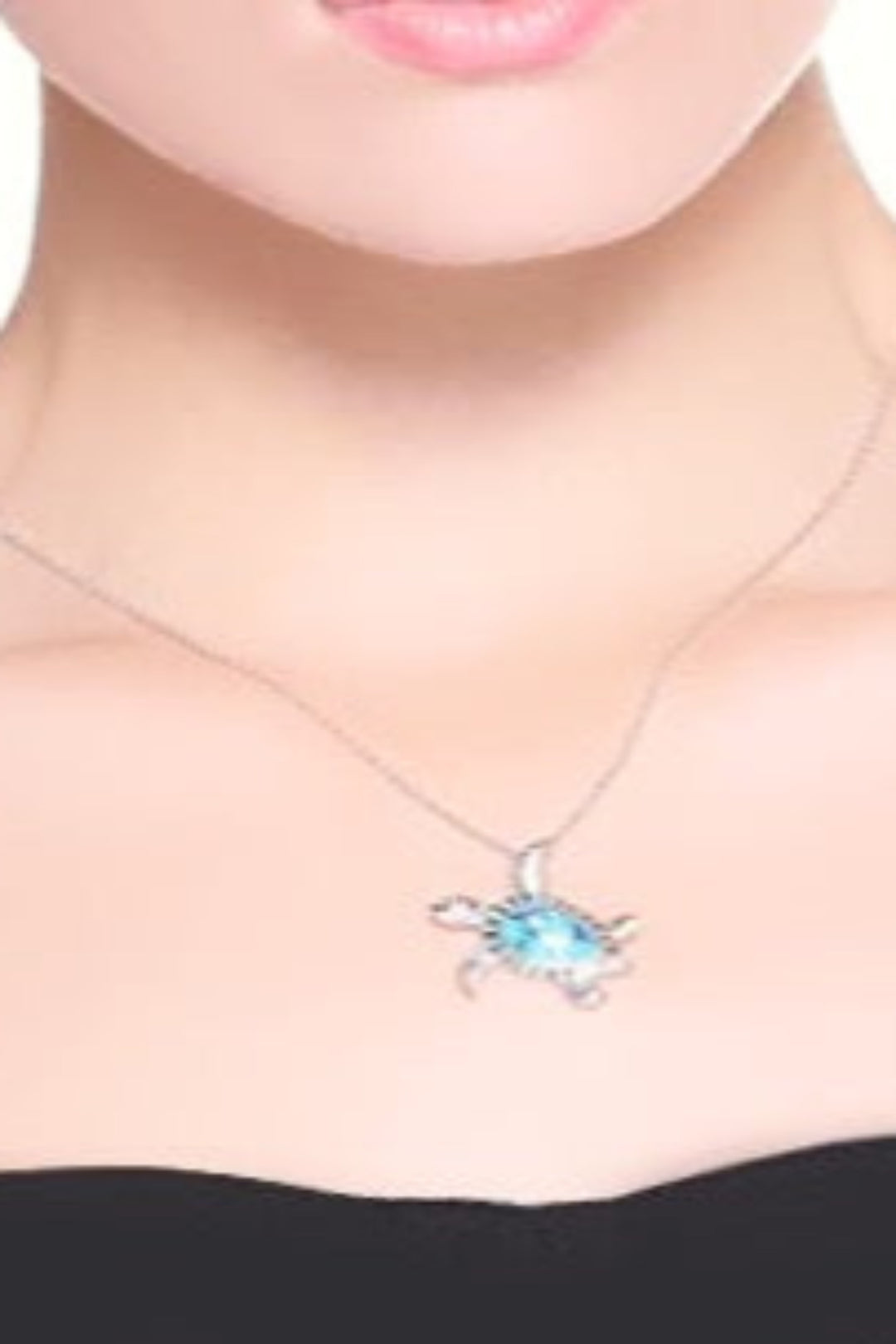 Dainty Blue Crystal Rhinestone Embellished Ocean Turtle Pendant Silver Chain Necklace