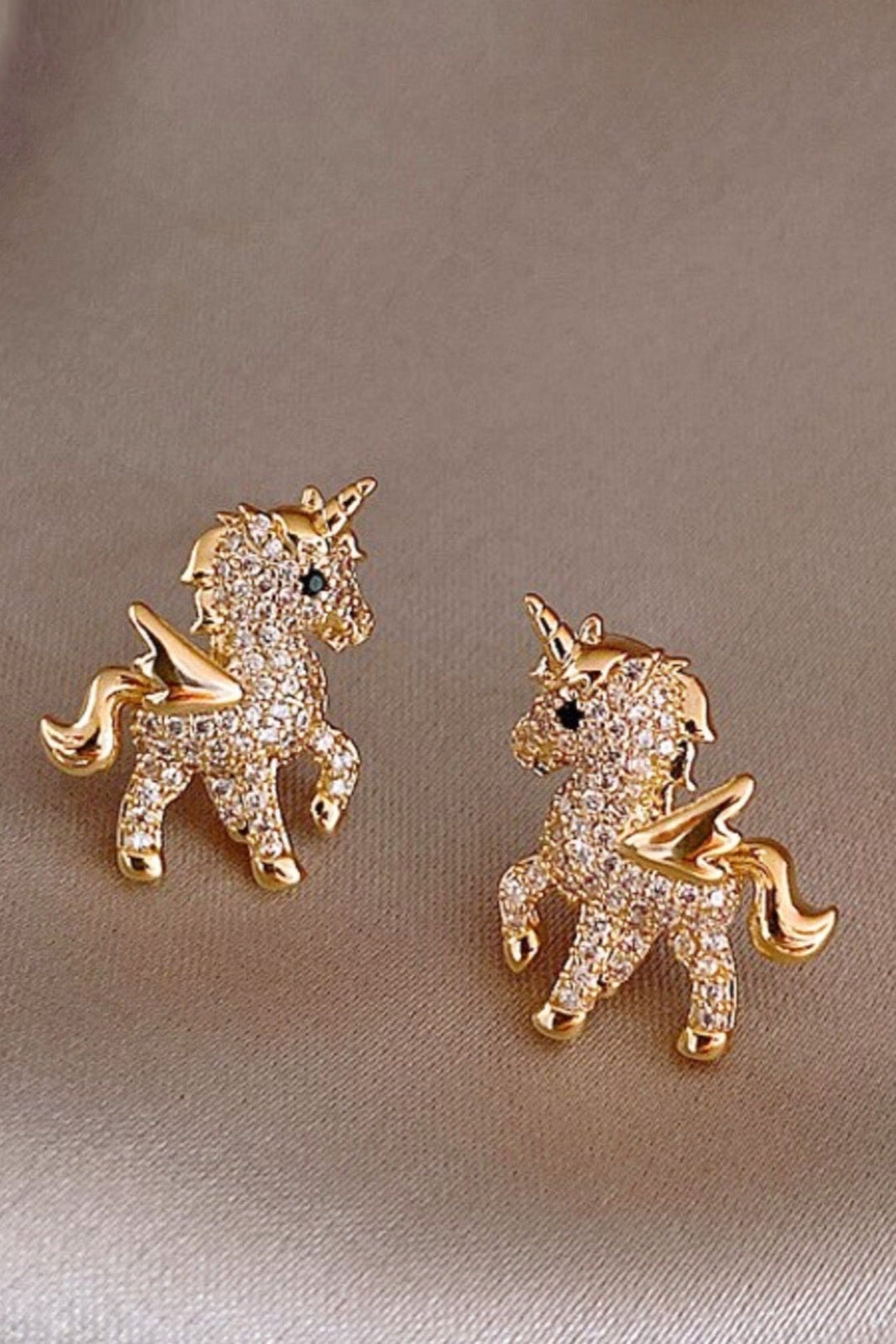 Gold Crystal Rhinestone Encrusted Unicorn Stud Earrings