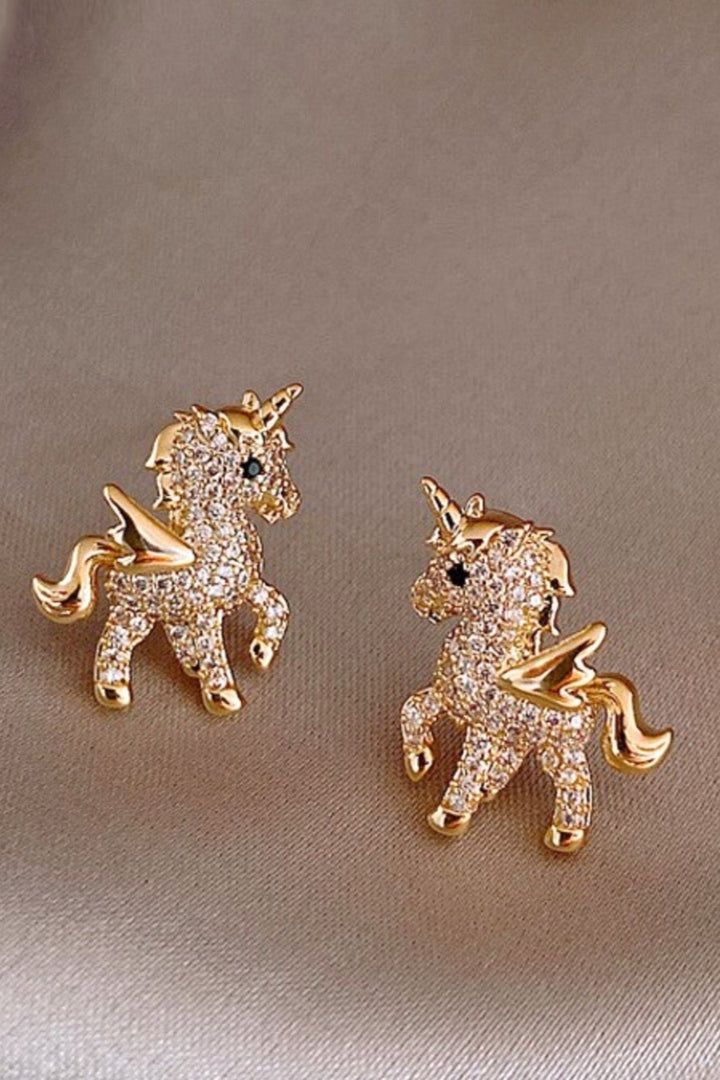 Gold Crystal Rhinestone Encrusted Unicorn Stud Earrings