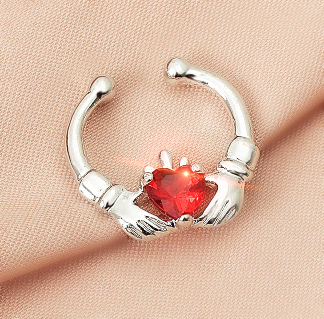 Silver Hand Horseshoe Septum Ring with Red Crystal Heart, Faux Fake Nose Septum Piercing