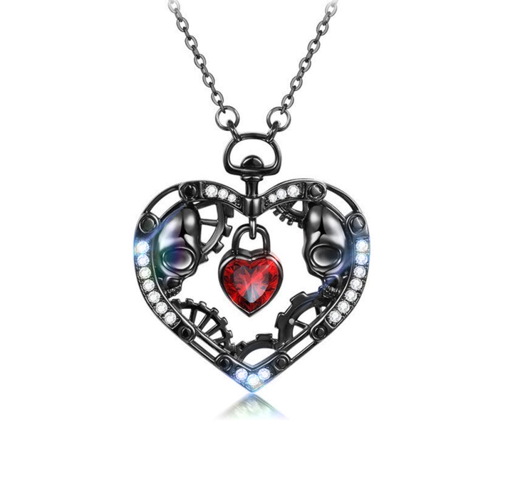 Crystal Rhinestone Embellished Dainty Red Heart Pendant Charm Antique Silver Necklace