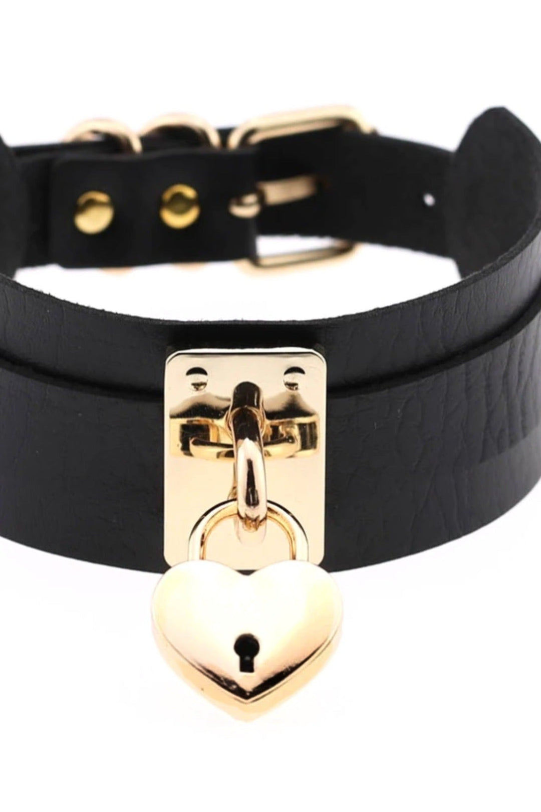 Black Gothic Faux Leather Padlock Pendant Choker Collar Necklace, Gold Lock & Key Design