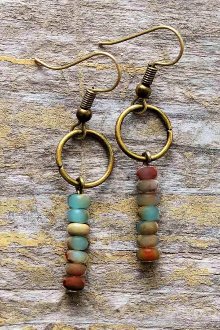 Jasper Stone Healing Crystal Gemstone Bronze Dangle Drop Charm Earrings