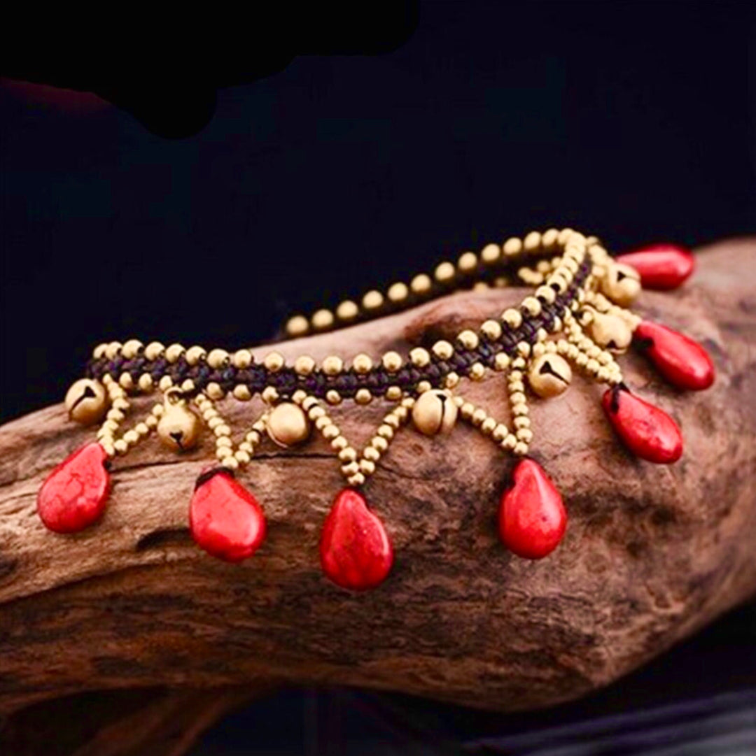 Red Bead Tassel Detailing Gold Chunky Anklet