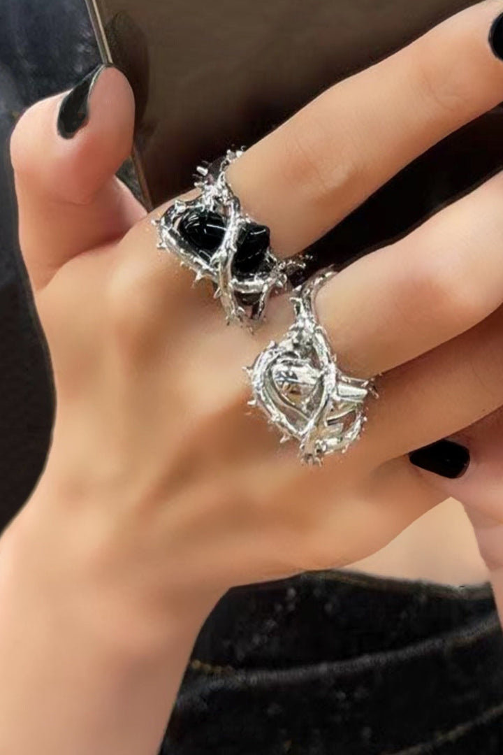 Black Rhinestone Crystal Heart Thorn Decor Silver Ring, Silver Chunky Ring