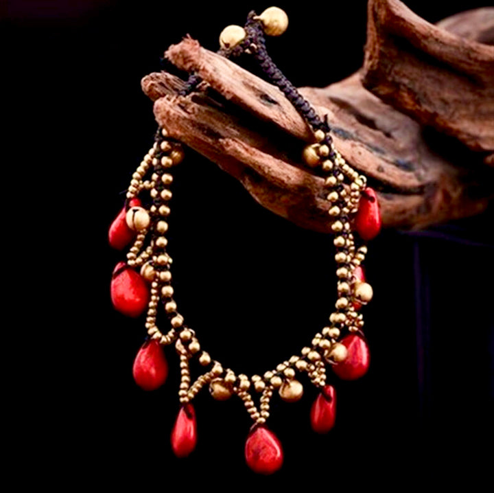 Red Bead Tassel Detailing Gold Chunky Anklet