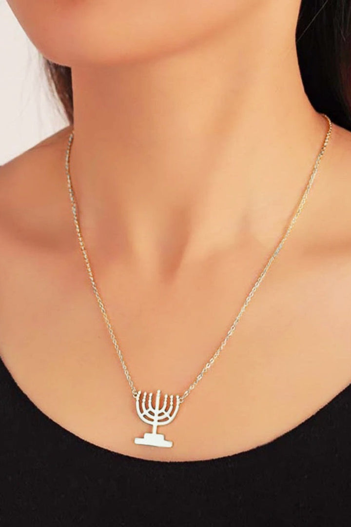 Hanukkah Candle Menorah Lamp Stand Pendant Necklace, Religious Jewish Pendant Necklace