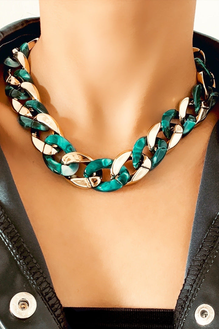 White & Green Large Chunky Acrylic Chain Gold Necklace