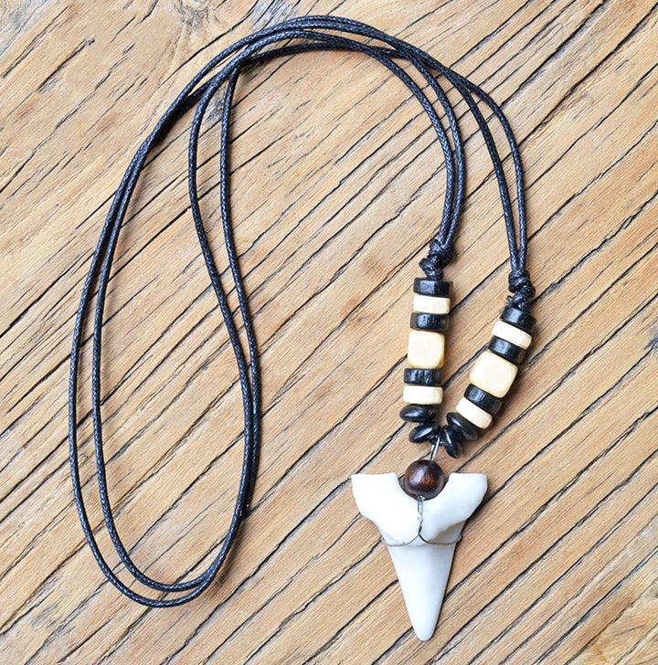 Vegan Leather Faux Tooth Pendant & Beaded Metal Decor Rope Chain Necklace (48 Hour Dispatch)