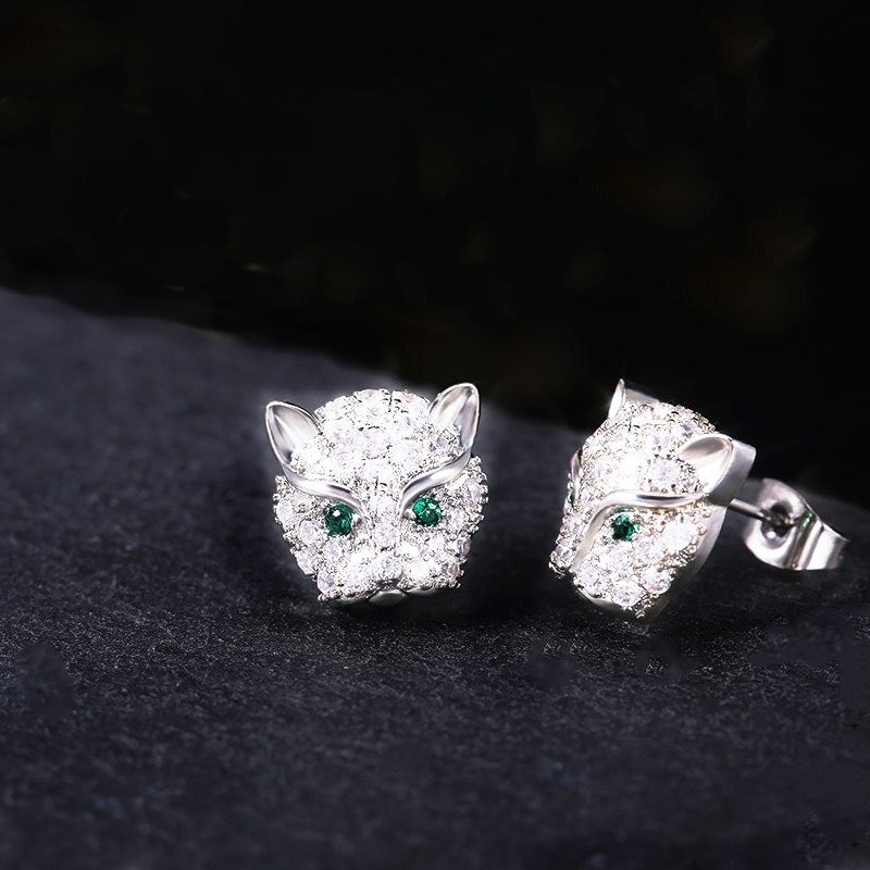 Leopard Head Crystal Rhinestone Embellished Silver Stud Earrings