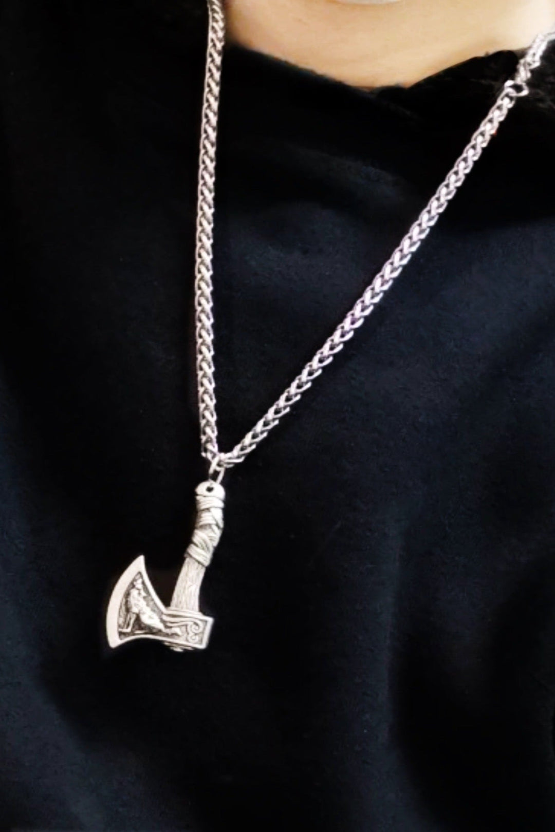 Chunky Viking Axe Pendant Silver Metal Rope Chain Necklace