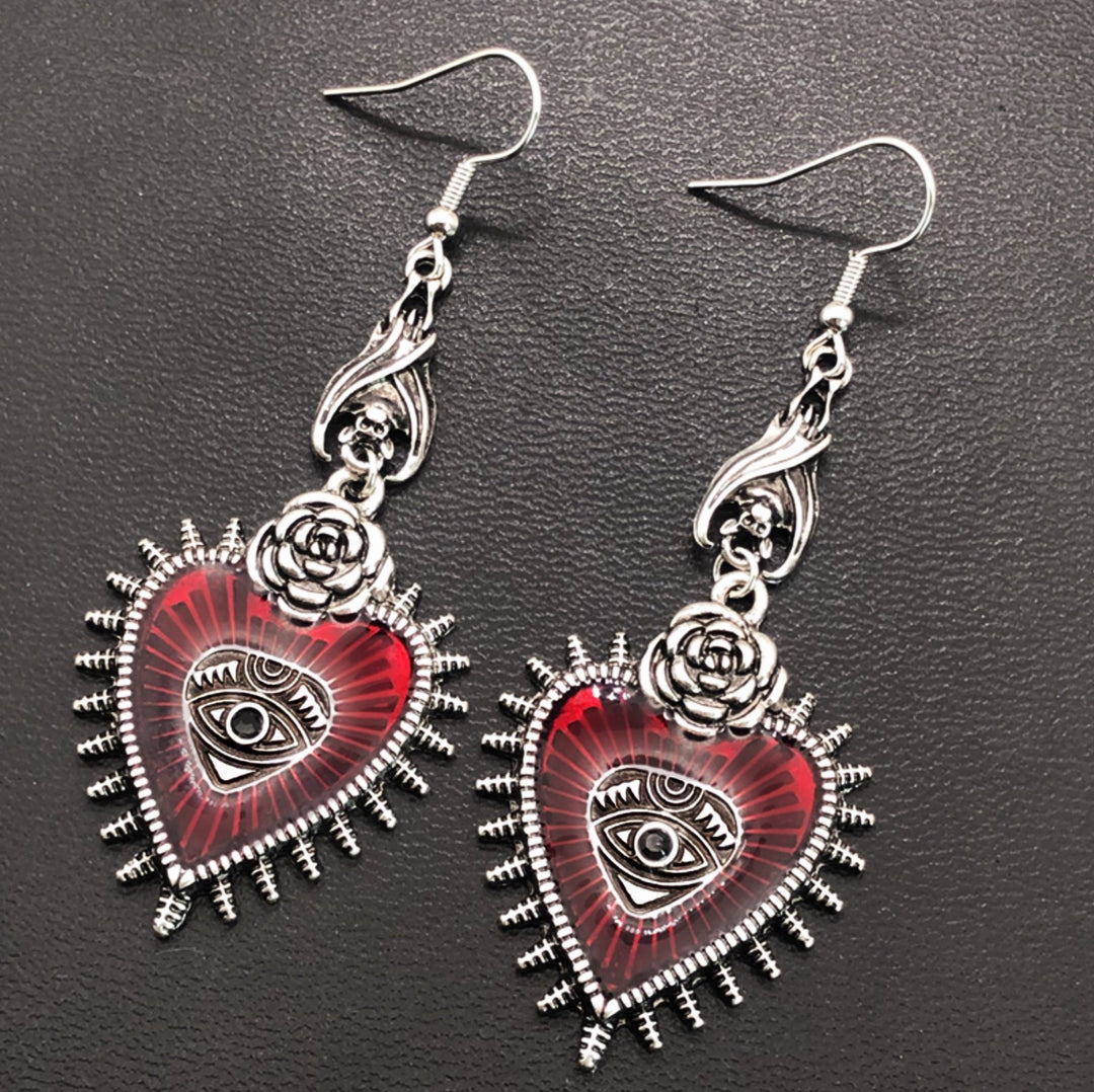 Chunky Red Enamel Evil Eye Heart Deco Dangle Drop Silver Earrings