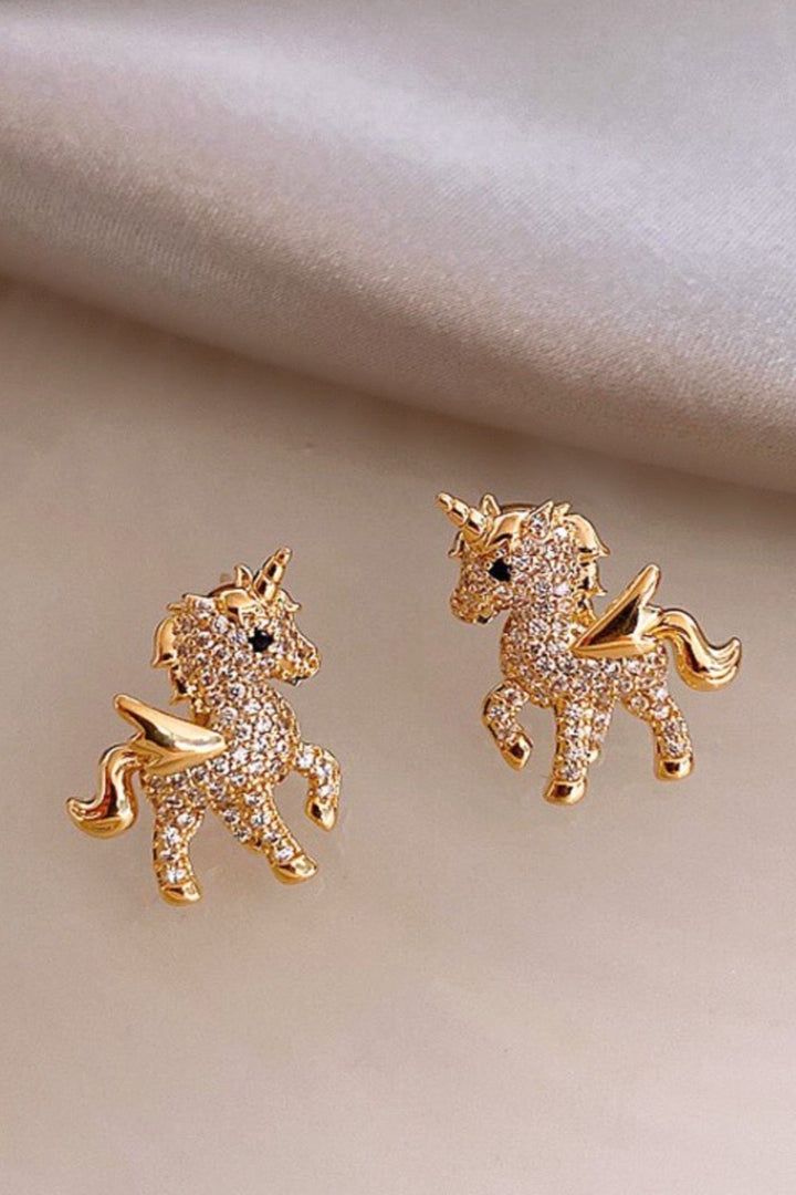 Gold Crystal Rhinestone Encrusted Unicorn Stud Earrings