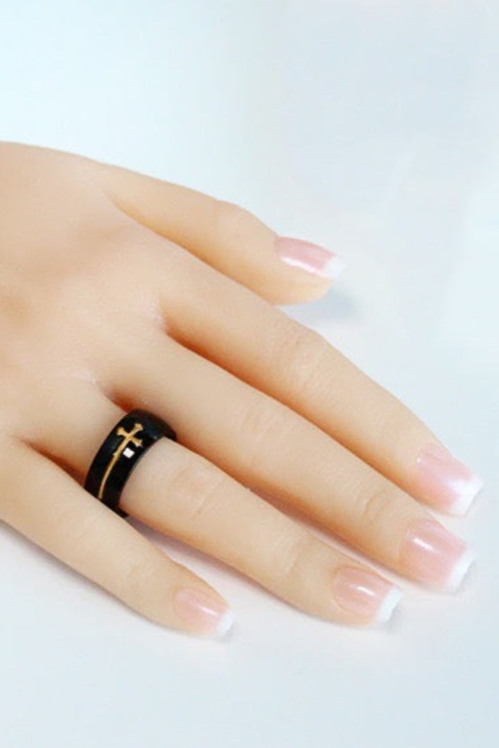 Gold Cross Detailing Black Polished Chunky Ring, Unisex Ring, One Size