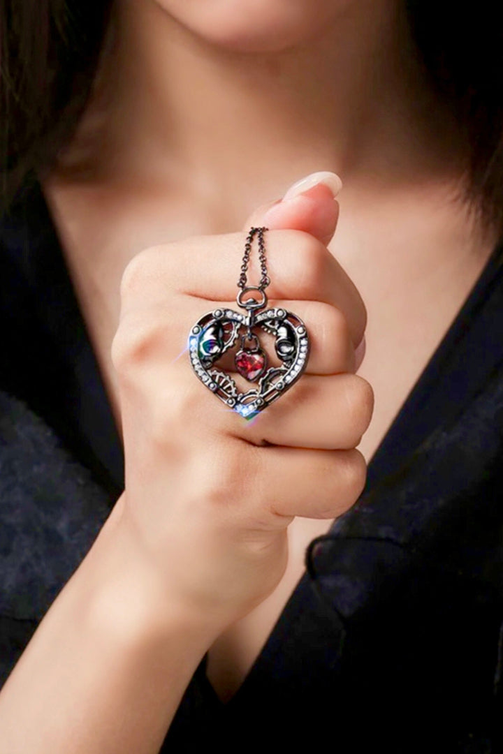 Crystal Rhinestone Embellished Dainty Red Heart Pendant Charm Antique Silver Necklace