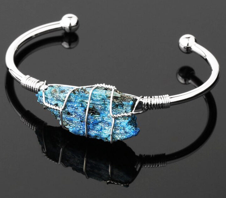 Healing Kyanite Gem Crystal Stone Bracelet, Wire Wrap Irregular Crystal Bangle