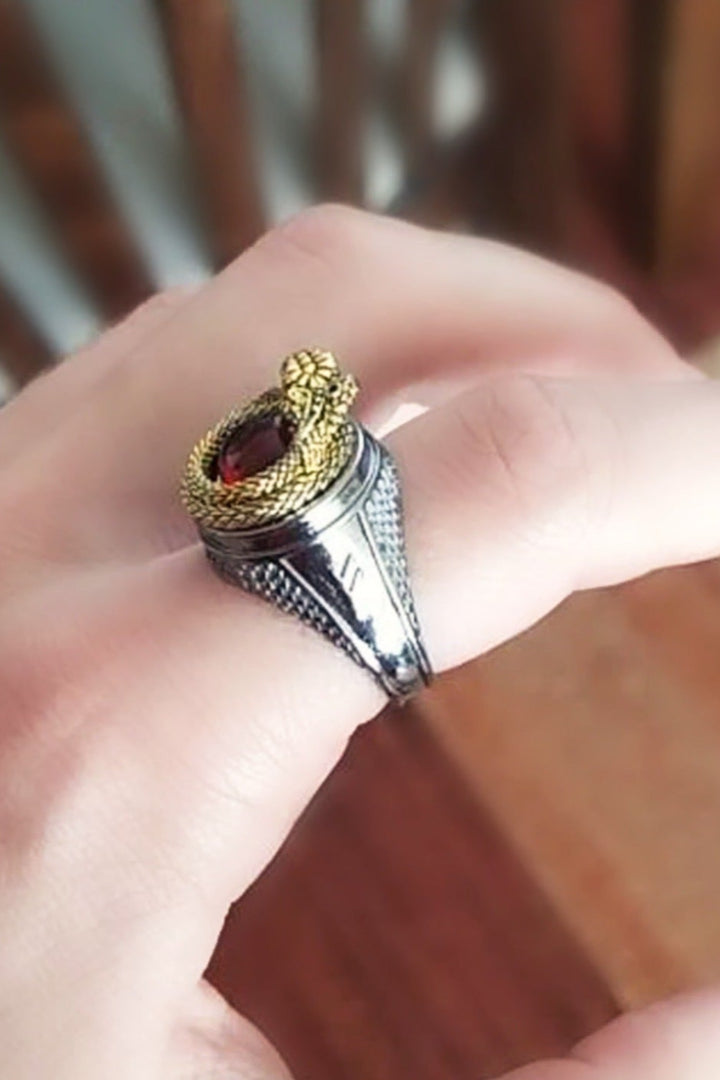 Gothic Black Metallic Red Rhinestone Snake Ring, Chunky Metallic Ring, One Size