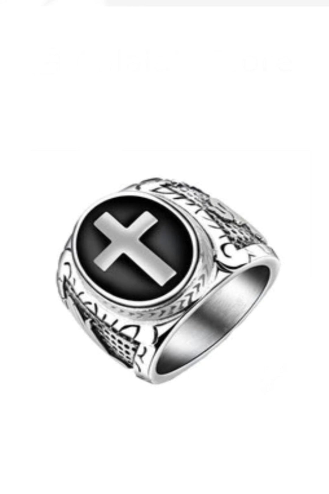 Silver Gothic Roman Detailing Cross Ring, Unisex Cross Crucifix Jewelry