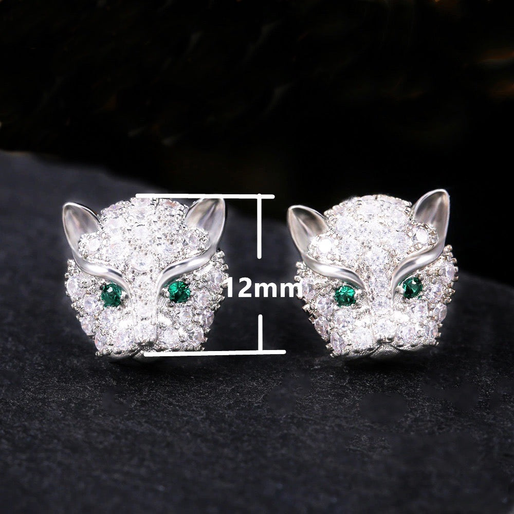 Leopard Head Crystal Rhinestone Embellished Silver Stud Earrings