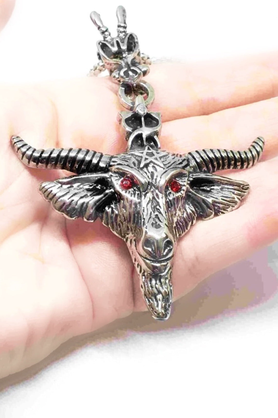 Chunky Silver Antique Capricorn Head Red Rhinestone Detailing Silver Chain Necklace