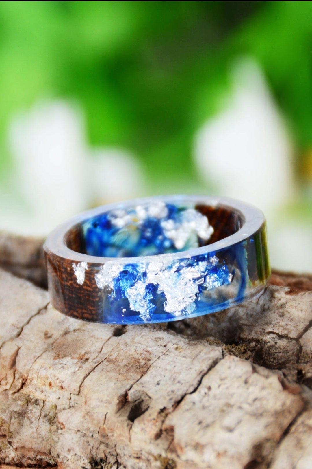 Chunky Blue Resin Silver Flake Foil & Wood Detailing Ring