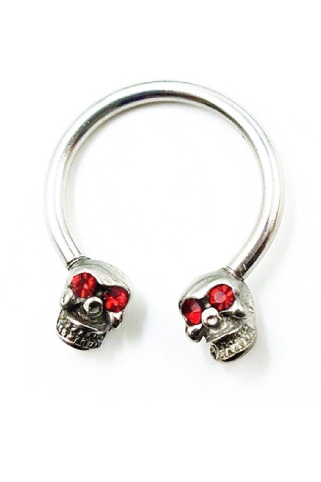 Silver Skull Horseshoe Septum Ring with Red Crystal Eyes, Faux Fake Nose Septum Piercing